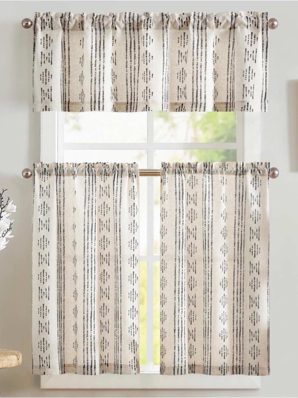 Jinchan Black On Beige Boho Kitchen Curtains And Valance Set Rod Pocket